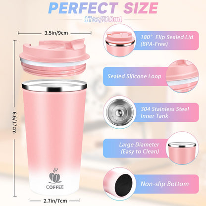 Insulated Travel Coffee Mug Reusable Coffee Tumbler Cup with Flip Lid Leak Proof Spill Proof for Office School Party Camping Hot and Cold Drink,Stainless Steel 17oz (Navy Blue)