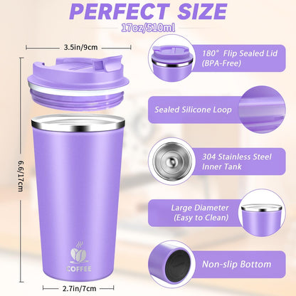 Insulated Travel Coffee Mug Reusable Coffee Tumbler Cup with Flip Lid Leak Proof Spill Proof for Office School Party Camping Hot and Cold Drink,Stainless Steel 17oz (Navy Blue)
