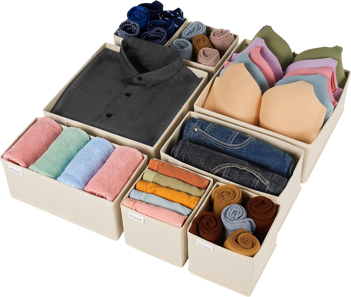 Drawer Organizer Clothes, Underwear Drawer Organizers, Foldable Closet Organizers and Storage Dresser Drawer Dividers Clothing Organizer for Clothes, Socks, Scarves, Bra, Ties (Beige)