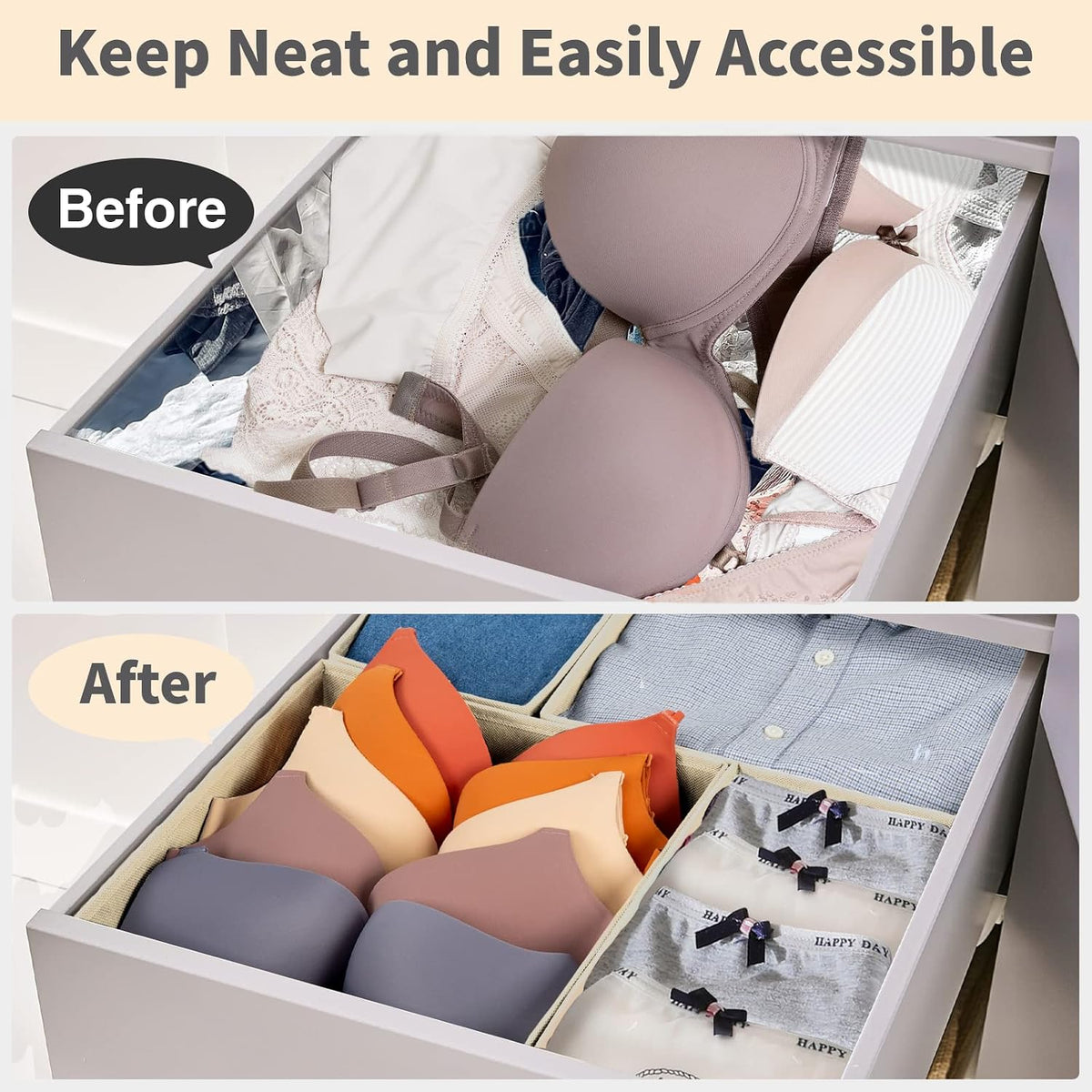Drawer Organizer Clothes, Underwear Drawer Organizers, Foldable Closet Organizers and Storage Dresser Drawer Dividers Clothing Organizer for Clothes, Socks, Scarves, Bra, Ties (Beige)