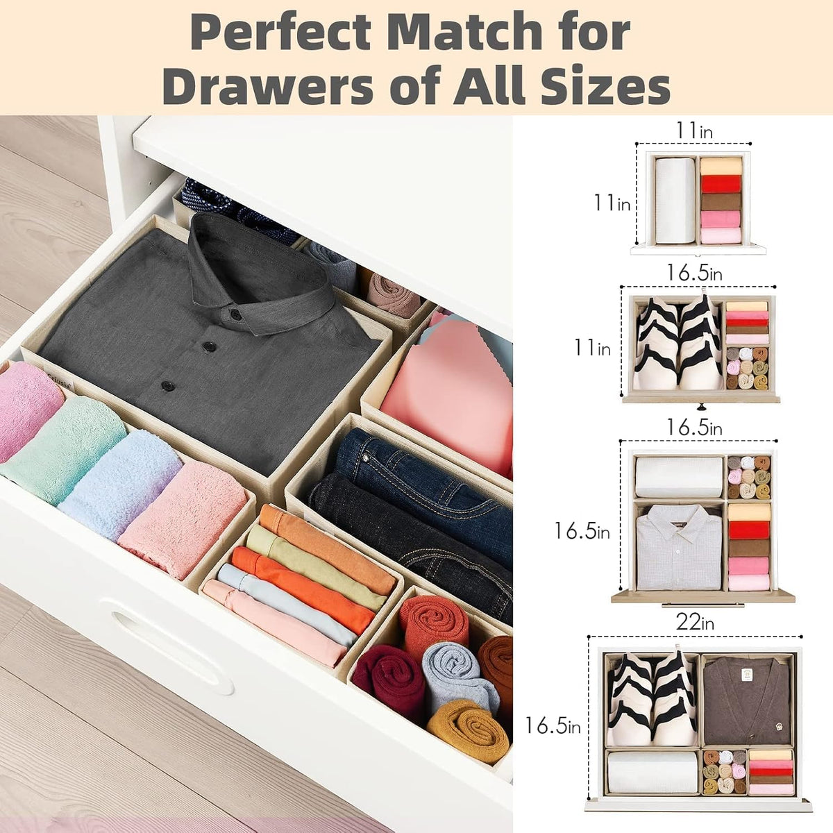 Drawer Organizer Clothes, Underwear Drawer Organizers, Foldable Closet Organizers and Storage Dresser Drawer Dividers Clothing Organizer for Clothes, Socks, Scarves, Bra, Ties (Beige)