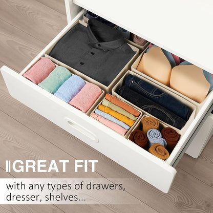 Drawer Organizer Clothes, Underwear Drawer Organizers, Foldable Closet Organizers and Storage Dresser Drawer Dividers Clothing Organizer for Clothes, Socks, Scarves, Bra, Ties (Beige)