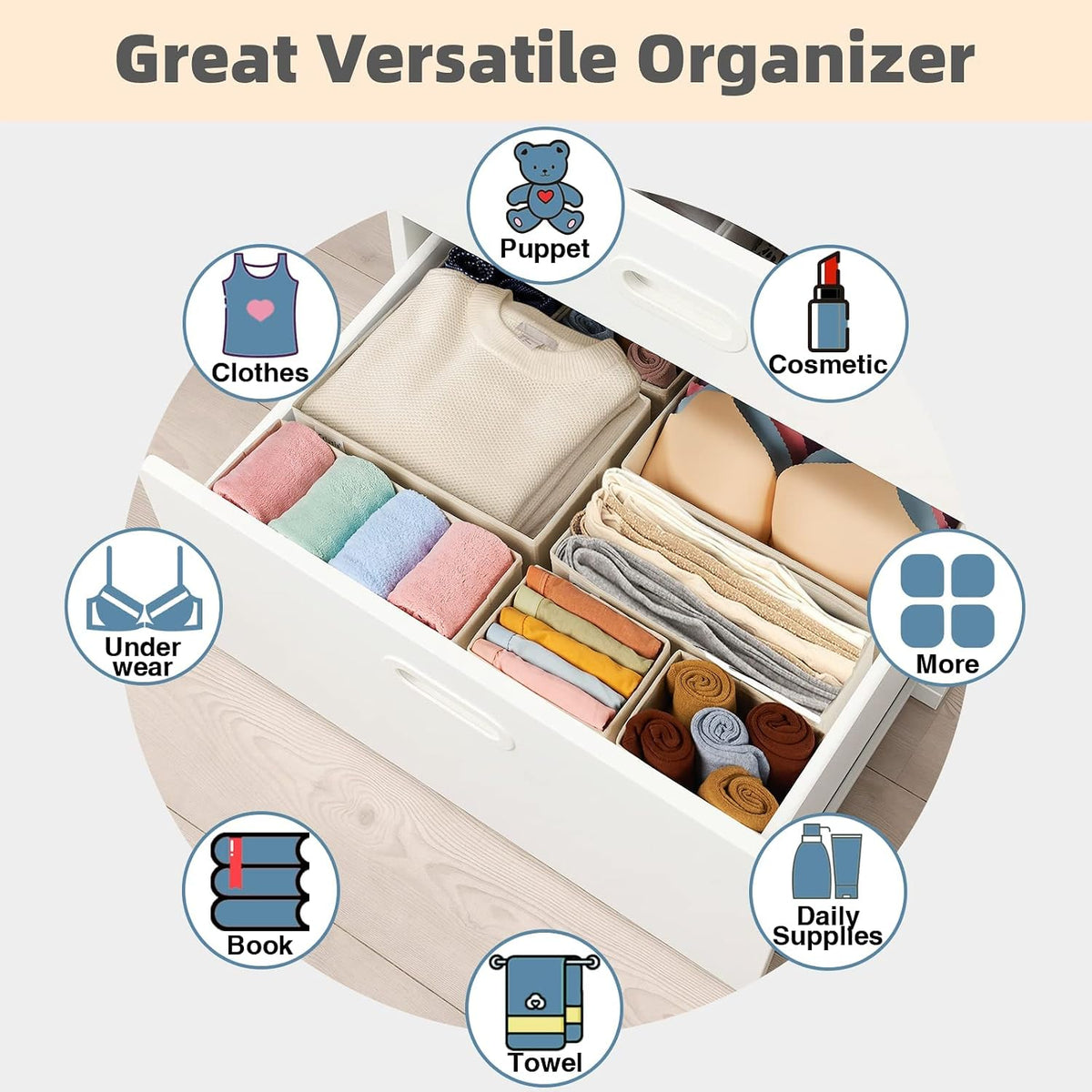 Drawer Organizer Clothes, Underwear Drawer Organizers, Foldable Closet Organizers and Storage Dresser Drawer Dividers Clothing Organizer for Clothes, Socks, Scarves, Bra, Ties (Beige)