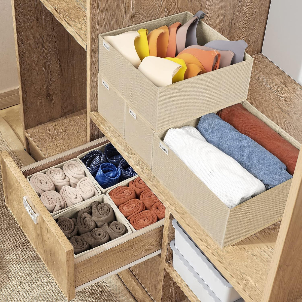 Drawer Organizer Clothes, Underwear Drawer Organizers, Foldable Closet Organizers and Storage Dresser Drawer Dividers Clothing Organizer for Clothes, Socks, Scarves, Bra, Ties (Beige)