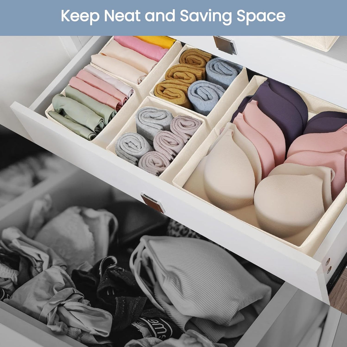 Drawer Organizer Clothes, Underwear Drawer Organizers, Foldable Closet Organizers and Storage Dresser Drawer Dividers Clothing Organizer for Clothes, Socks, Scarves, Bra, Ties (Beige)