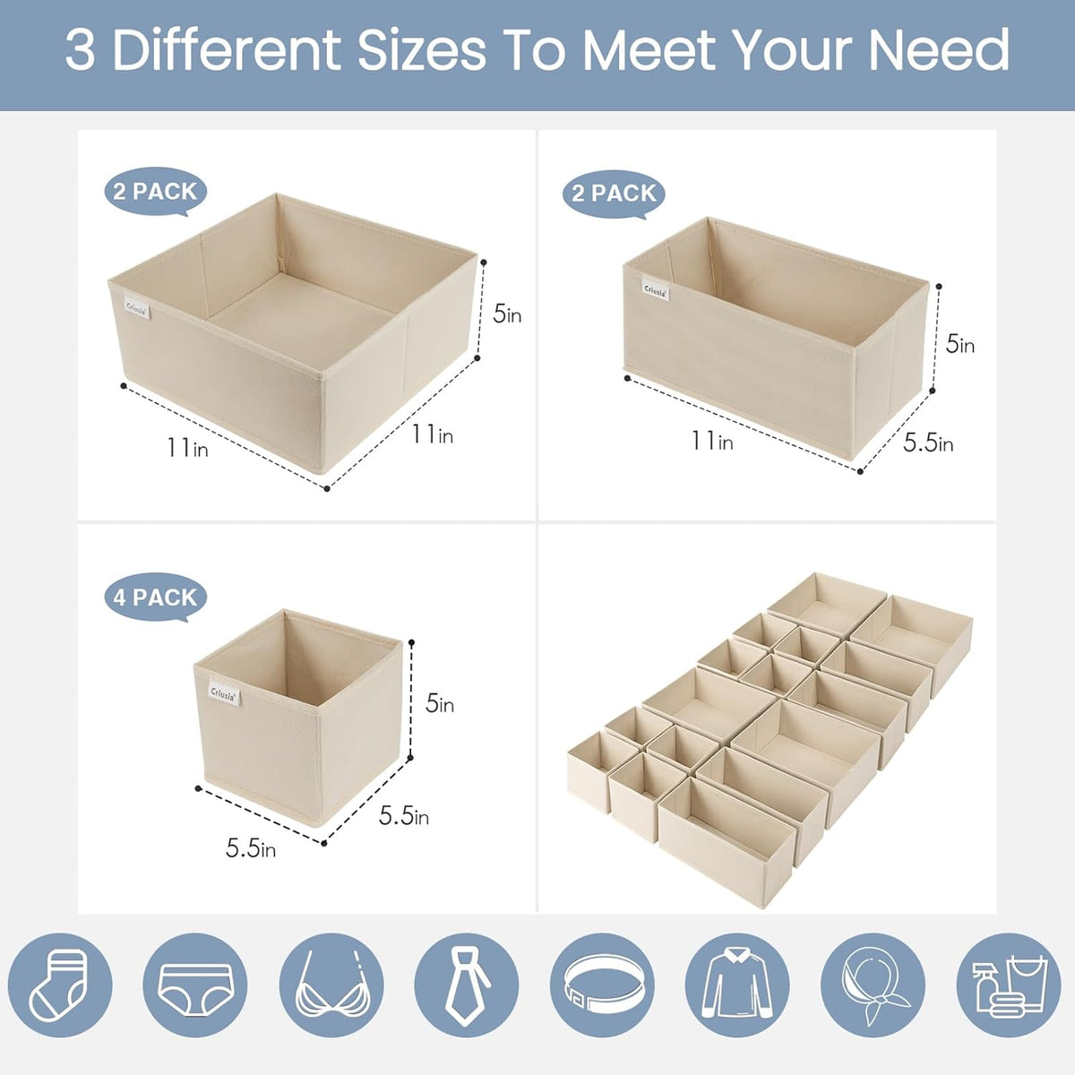 Drawer Organizer Clothes, Underwear Drawer Organizers, Foldable Closet Organizers and Storage Dresser Drawer Dividers Clothing Organizer for Clothes, Socks, Scarves, Bra, Ties (Beige)