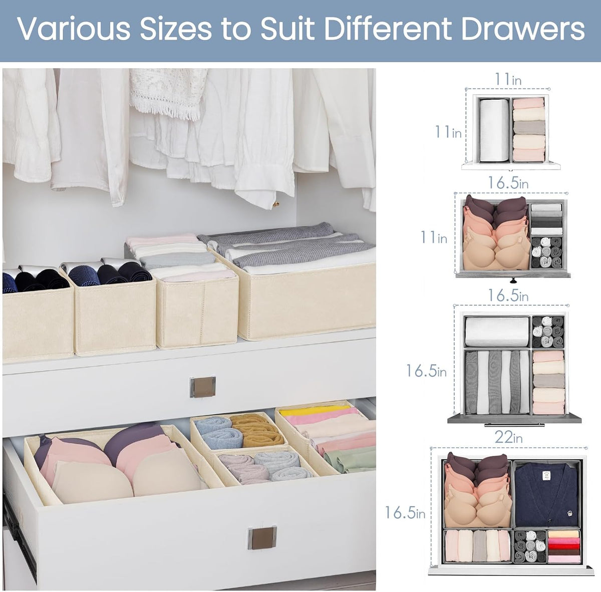 Drawer Organizer Clothes, Underwear Drawer Organizers, Foldable Closet Organizers and Storage Dresser Drawer Dividers Clothing Organizer for Clothes, Socks, Scarves, Bra, Ties (Beige)