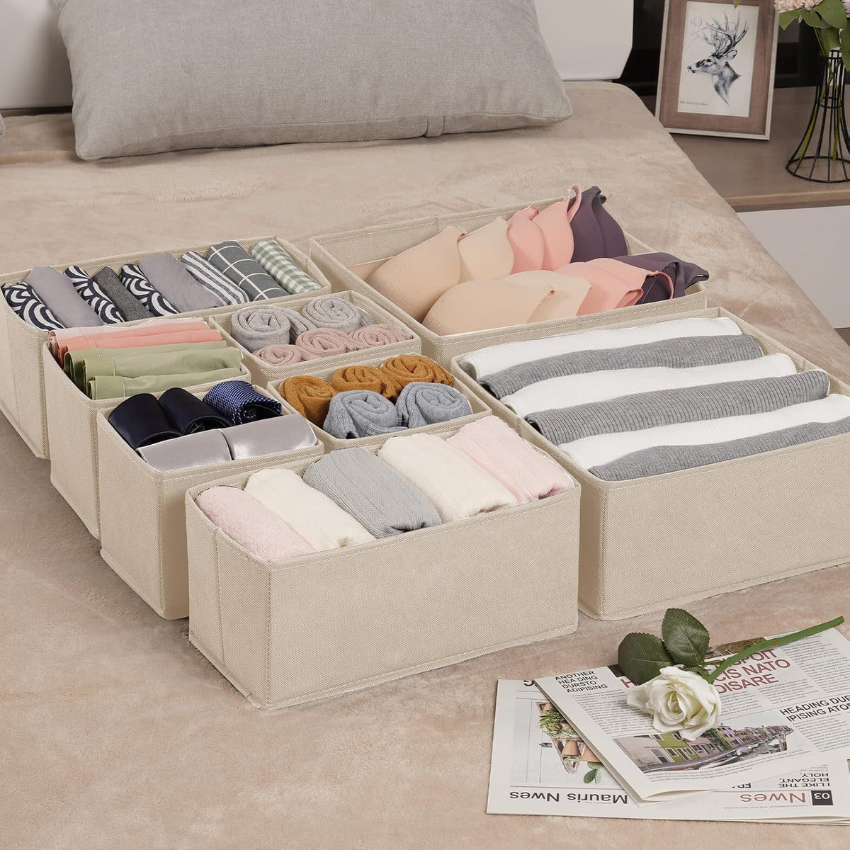 Drawer Organizer Clothes, Underwear Drawer Organizers, Foldable Closet Organizers and Storage Dresser Drawer Dividers Clothing Organizer for Clothes, Socks, Scarves, Bra, Ties (Beige)
