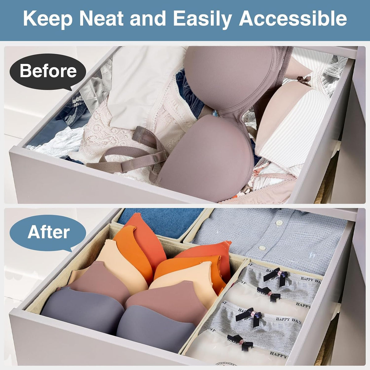 Drawer Organizer Clothes, Underwear Drawer Organizers, Foldable Closet Organizers and Storage Dresser Drawer Dividers Clothing Organizer for Clothes, Socks, Scarves, Bra, Ties (Beige)
