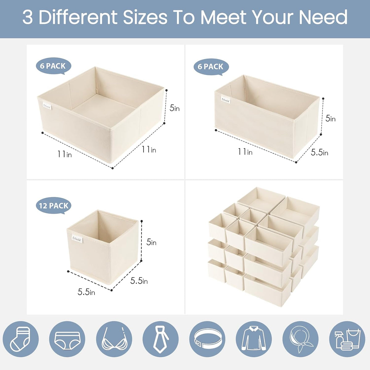Drawer Organizer Clothes, Underwear Drawer Organizers, Foldable Closet Organizers and Storage Dresser Drawer Dividers Clothing Organizer for Clothes, Socks, Scarves, Bra, Ties (Beige)