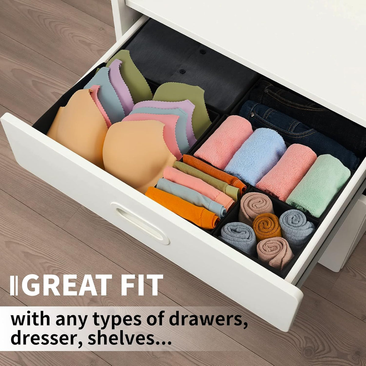 Drawer Organizer Clothes, Underwear Drawer Organizers, Foldable Closet Organizers and Storage Dresser Drawer Dividers Clothing Organizer for Clothes, Socks, Scarves, Bra, Ties (Beige)