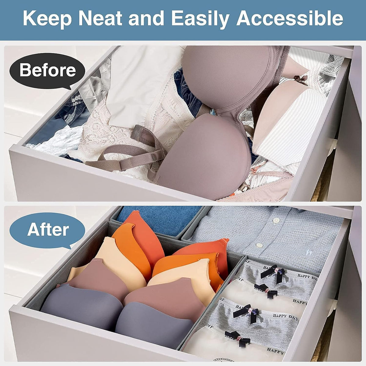 Drawer Organizer Clothes, Underwear Drawer Organizers, Foldable Closet Organizers and Storage Dresser Drawer Dividers Clothing Organizer for Clothes, Socks, Scarves, Bra, Ties (Beige)