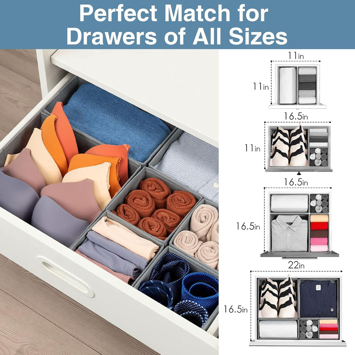 Drawer Organizer Clothes, Underwear Drawer Organizers, Foldable Closet Organizers and Storage Dresser Drawer Dividers Clothing Organizer for Clothes, Socks, Scarves, Bra, Ties (Beige)