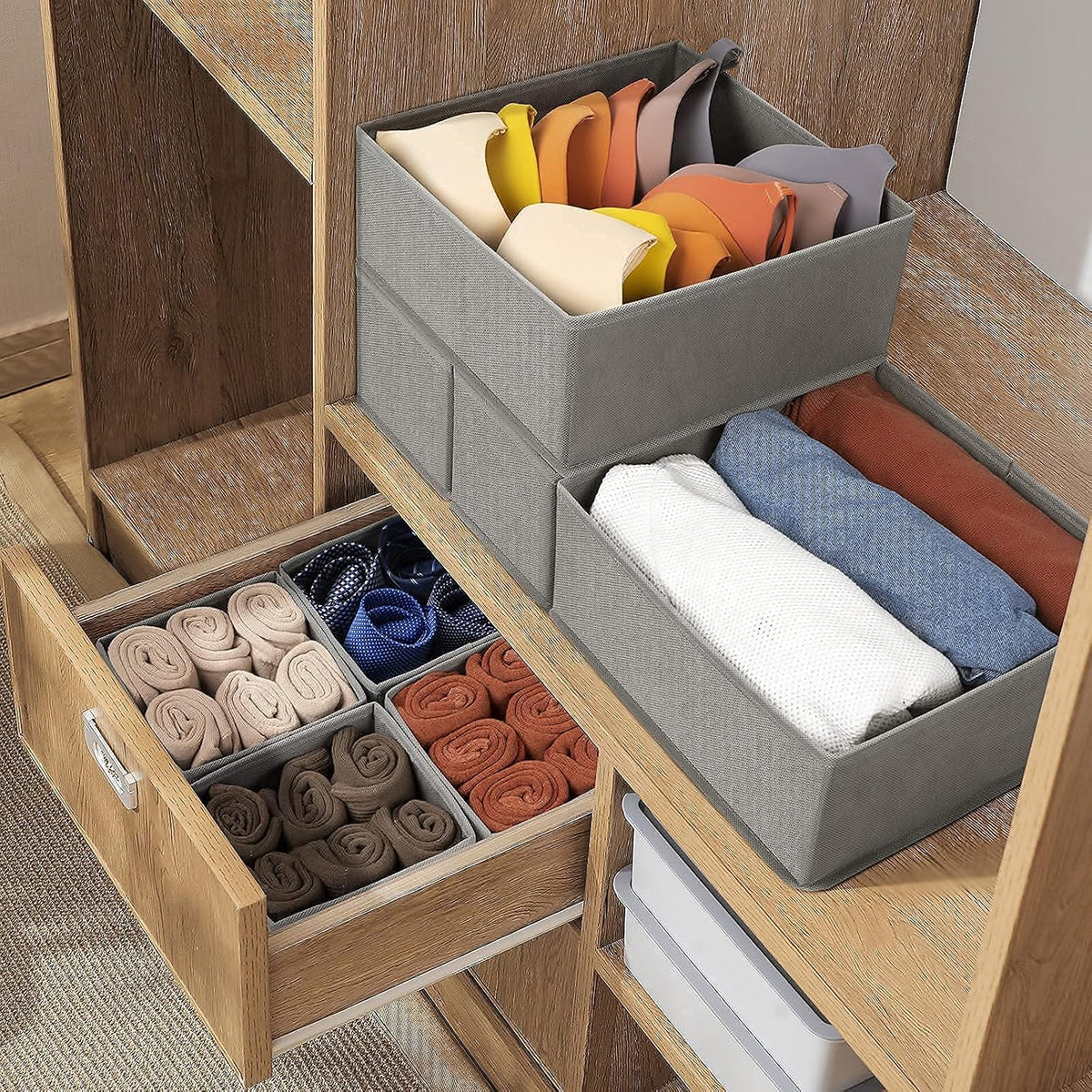 Drawer Organizer Clothes, Underwear Drawer Organizers, Foldable Closet Organizers and Storage Dresser Drawer Dividers Clothing Organizer for Clothes, Socks, Scarves, Bra, Ties (Beige)