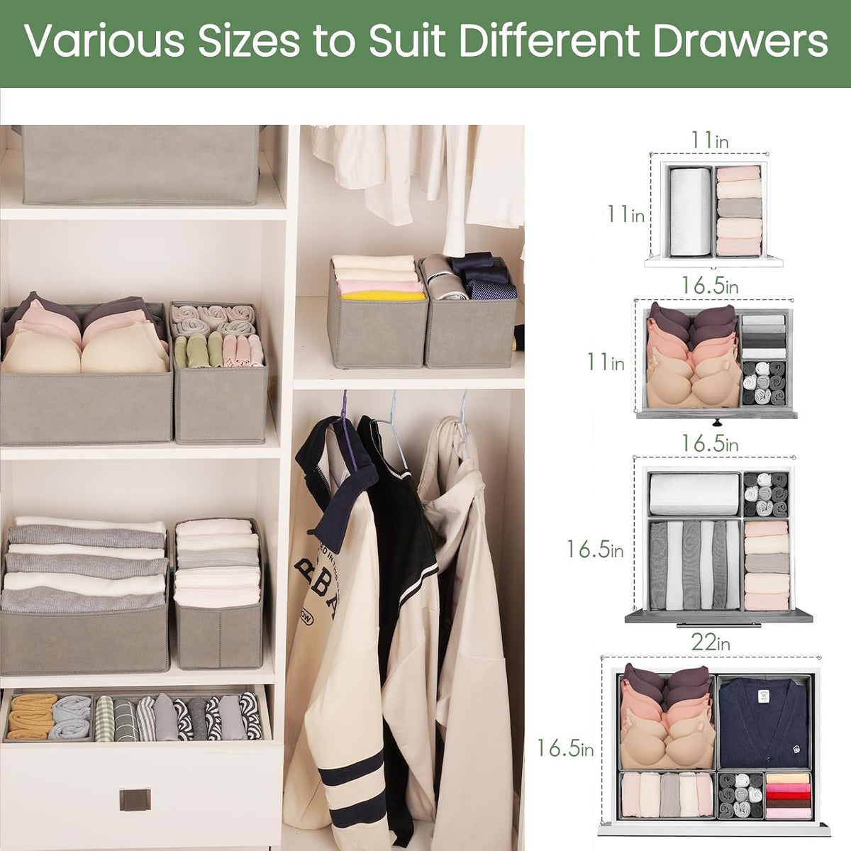 Drawer Organizer Clothes, Underwear Drawer Organizers, Foldable Closet Organizers and Storage Dresser Drawer Dividers Clothing Organizer for Clothes, Socks, Scarves, Bra, Ties (Beige)