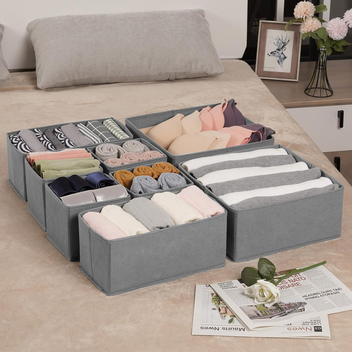 Drawer Organizer Clothes, Underwear Drawer Organizers, Foldable Closet Organizers and Storage Dresser Drawer Dividers Clothing Organizer for Clothes, Socks, Scarves, Bra, Ties (Beige)