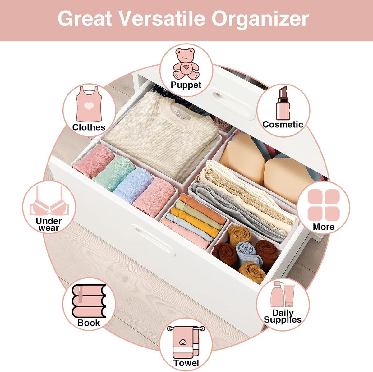 Drawer Organizer Clothes, Underwear Drawer Organizers, Foldable Closet Organizers and Storage Dresser Drawer Dividers Clothing Organizer for Clothes, Socks, Scarves, Bra, Ties (Beige)
