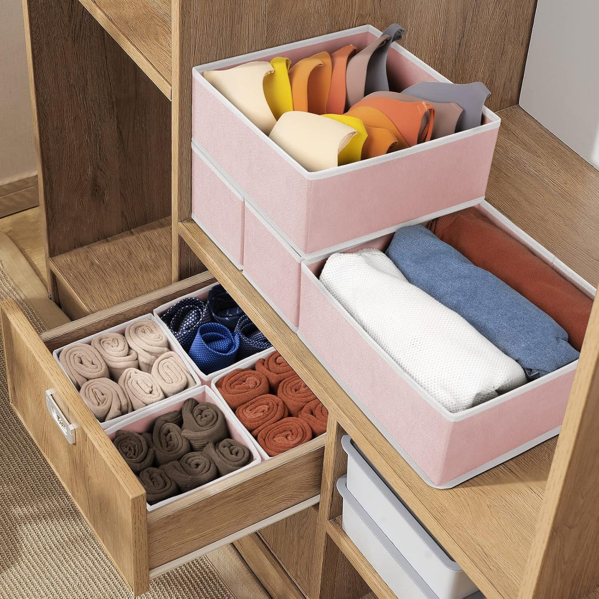 Drawer Organizer Clothes, Underwear Drawer Organizers, Foldable Closet Organizers and Storage Dresser Drawer Dividers Clothing Organizer for Clothes, Socks, Scarves, Bra, Ties (Beige)