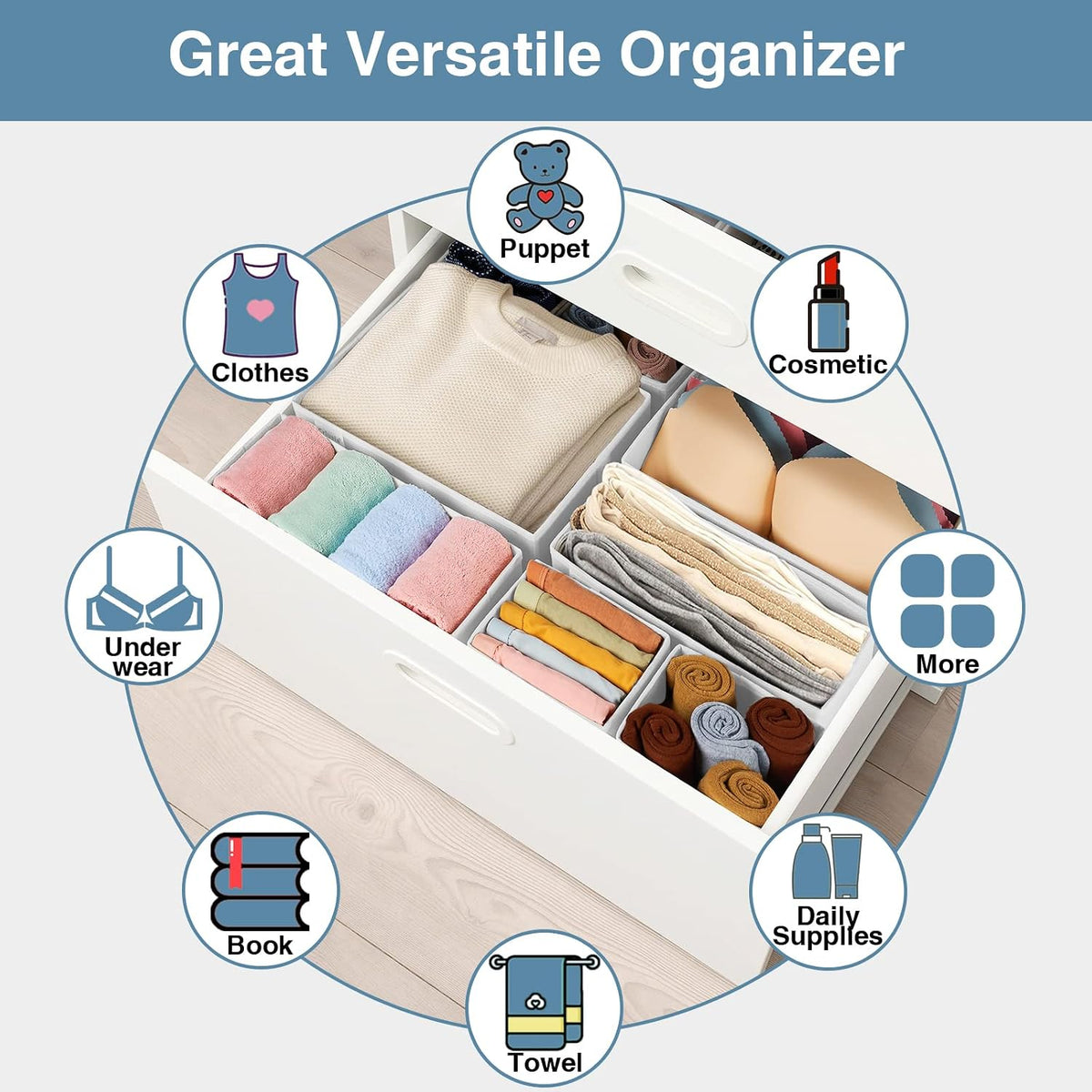 Drawer Organizer Clothes, Underwear Drawer Organizers, Foldable Closet Organizers and Storage Dresser Drawer Dividers Clothing Organizer for Clothes, Socks, Scarves, Bra, Ties (Beige)
