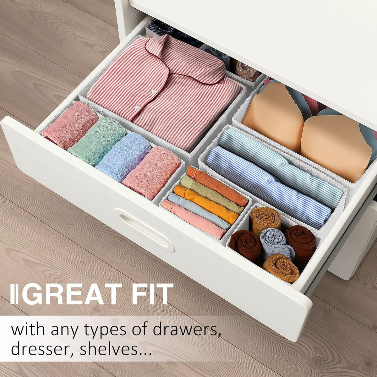 Drawer Organizer Clothes, Underwear Drawer Organizers, Foldable Closet Organizers and Storage Dresser Drawer Dividers Clothing Organizer for Clothes, Socks, Scarves, Bra, Ties (Beige)