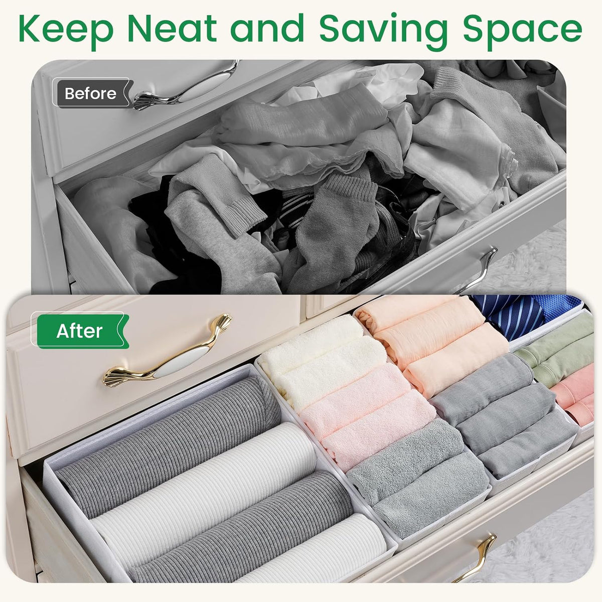 Drawer Organizer Clothes, Underwear Drawer Organizers, Foldable Closet Organizers and Storage Dresser Drawer Dividers Clothing Organizer for Clothes, Socks, Scarves, Bra, Ties (Beige)