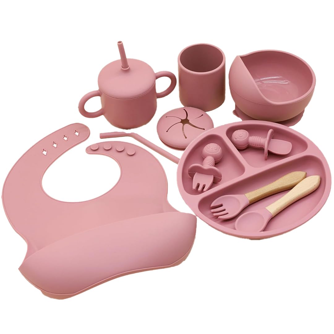 Silicone Baby Feeding Set Moon Gray Infant Tableware Collection with Bib Suction Bowl Utensils Straw Cup Snack Container
