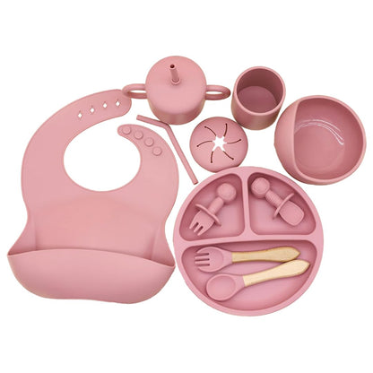 Silicone Baby Feeding Set Moon Gray Infant Tableware Collection with Bib Suction Bowl Utensils Straw Cup Snack Container