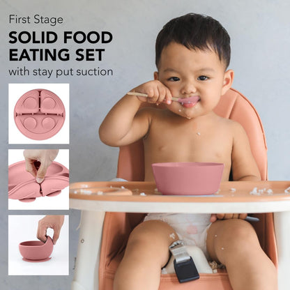 Silicone Baby Feeding Set Moon Gray Infant Tableware Collection with Bib Suction Bowl Utensils Straw Cup Snack Container