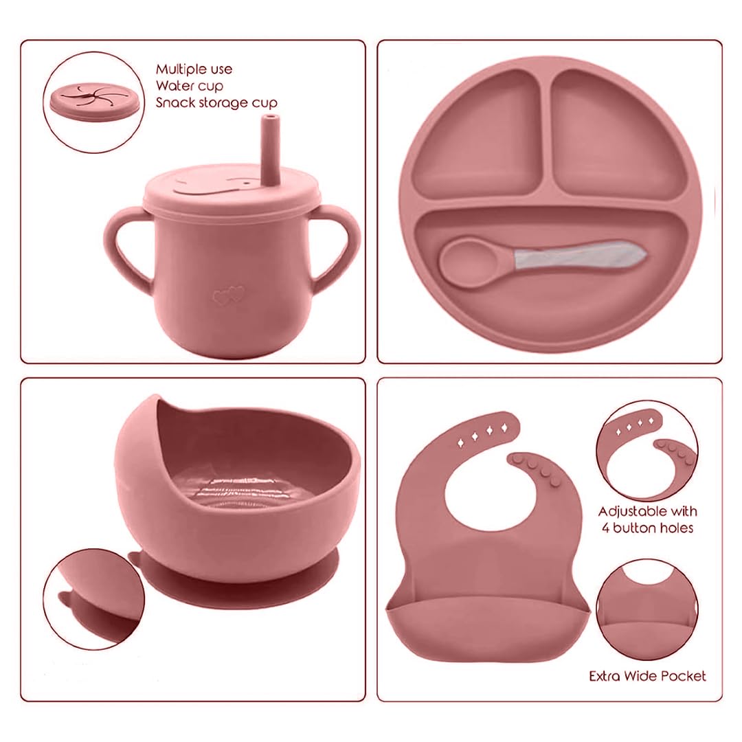 Silicone Baby Feeding Set Moon Gray Infant Tableware Collection with Bib Suction Bowl Utensils Straw Cup Snack Container