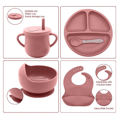 Silicone Baby Feeding Set Moon Gray Infant Tableware Collection with Bib Suction Bowl Utensils Straw Cup Snack Container