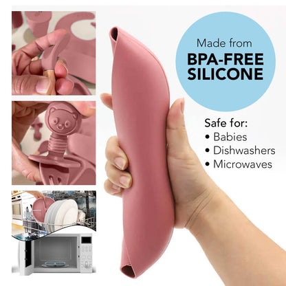 Silicone Baby Feeding Set Moon Gray Infant Tableware Collection with Bib Suction Bowl Utensils Straw Cup Snack Container