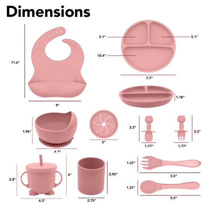 Silicone Baby Feeding Set Moon Gray Infant Tableware Collection with Bib Suction Bowl Utensils Straw Cup Snack Container