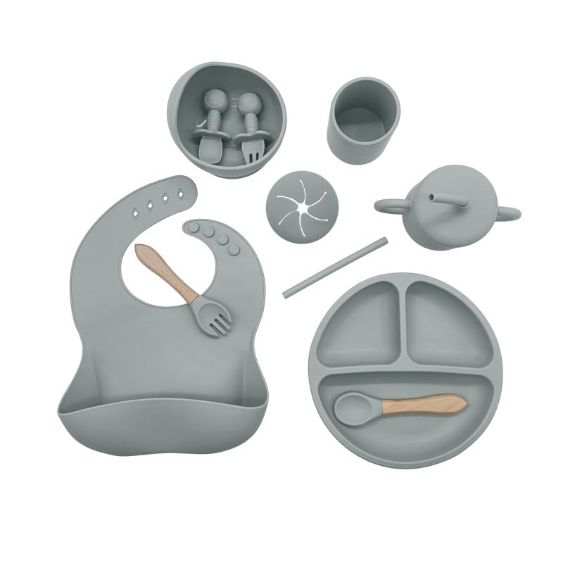 Silicone Baby Feeding Set Moon Gray Infant Tableware Collection with Bib Suction Bowl Utensils Straw Cup Snack Container