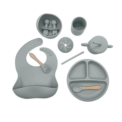 Silicone Baby Feeding Set Moon Gray Infant Tableware Collection with Bib Suction Bowl Utensils Straw Cup Snack Container