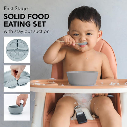 Silicone Baby Feeding Set Moon Gray Infant Tableware Collection with Bib Suction Bowl Utensils Straw Cup Snack Container