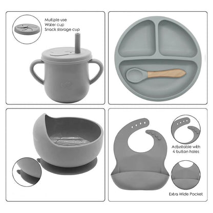 Silicone Baby Feeding Set Moon Gray Infant Tableware Collection with Bib Suction Bowl Utensils Straw Cup Snack Container