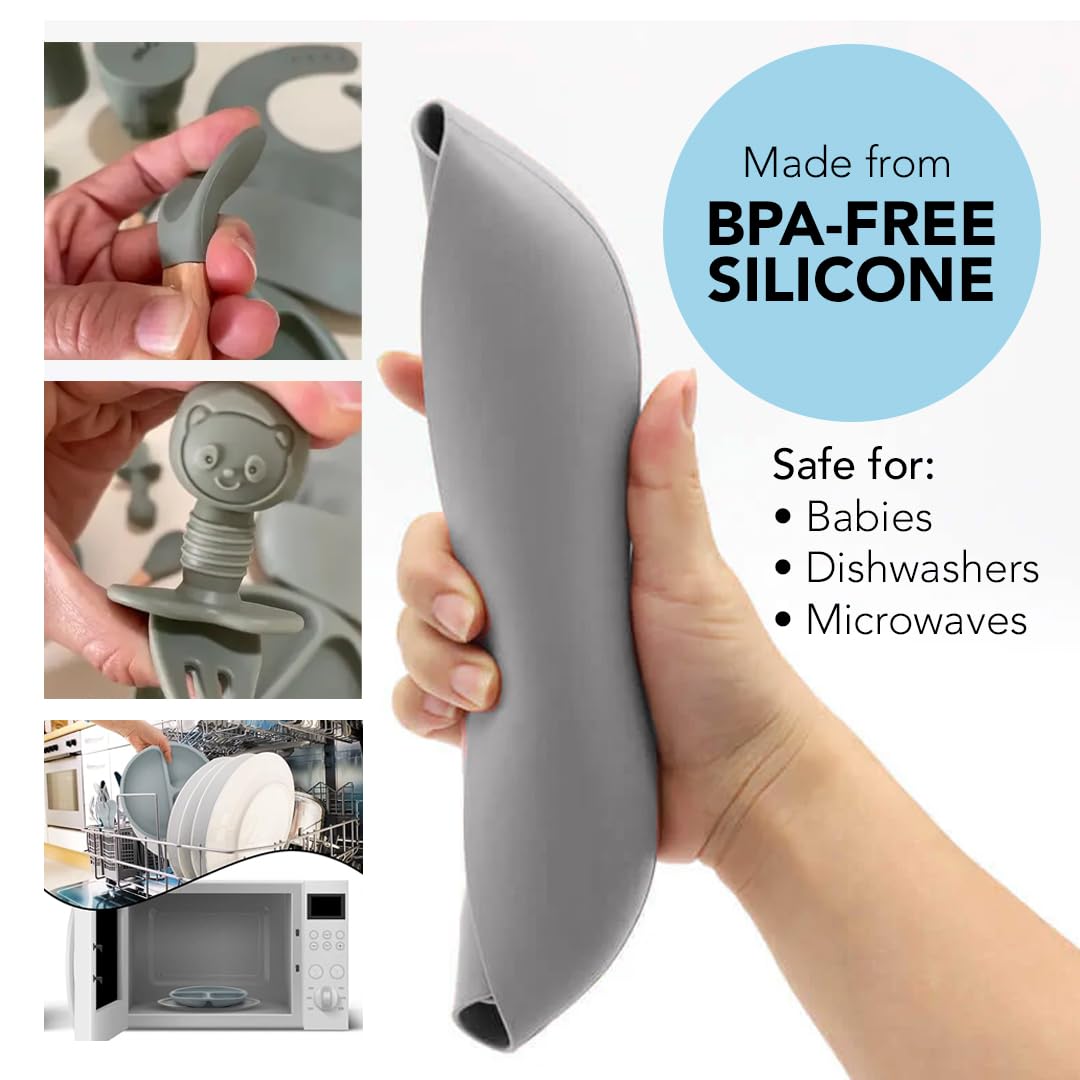 Silicone Baby Feeding Set Moon Gray Infant Tableware Collection with Bib Suction Bowl Utensils Straw Cup Snack Container