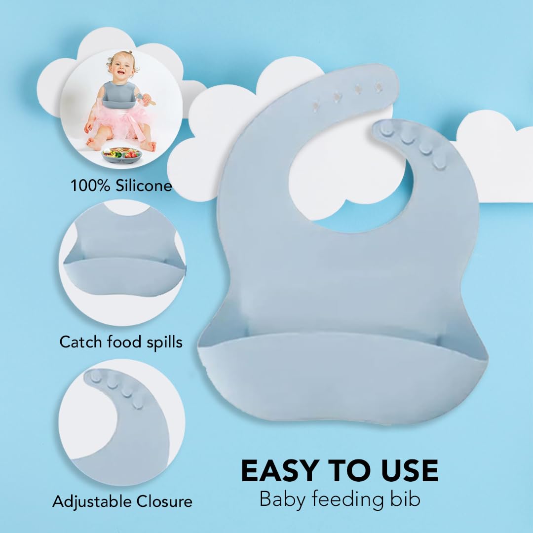 Silicone Baby Feeding Set Moon Gray Infant Tableware Collection with Bib Suction Bowl Utensils Straw Cup Snack Container