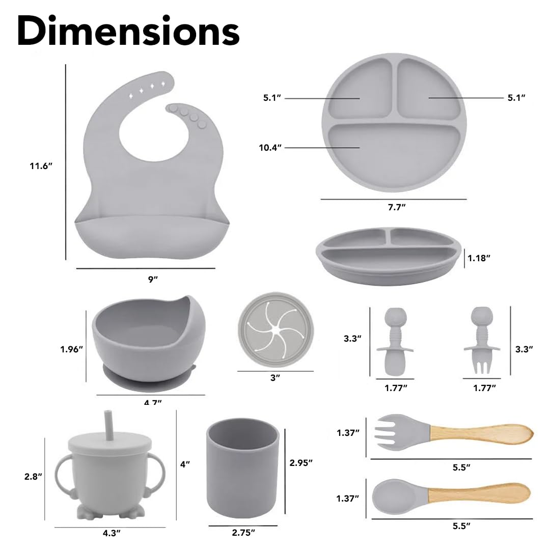 Silicone Baby Feeding Set Moon Gray Infant Tableware Collection with Bib Suction Bowl Utensils Straw Cup Snack Container