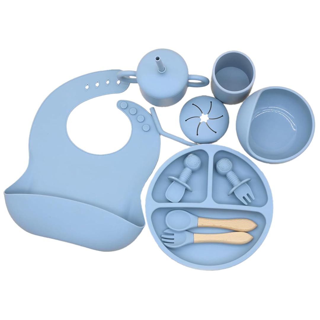 Silicone Baby Feeding Set Moon Gray Infant Tableware Collection with Bib Suction Bowl Utensils Straw Cup Snack Container