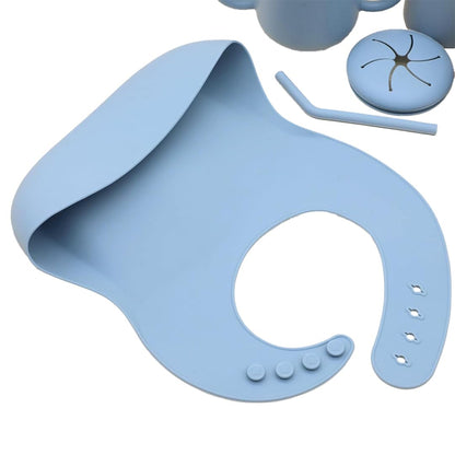 Silicone Baby Feeding Set Moon Gray Infant Tableware Collection with Bib Suction Bowl Utensils Straw Cup Snack Container