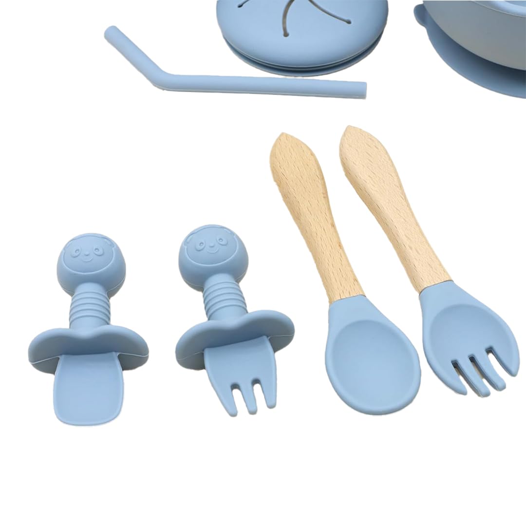 Silicone Baby Feeding Set Moon Gray Infant Tableware Collection with Bib Suction Bowl Utensils Straw Cup Snack Container