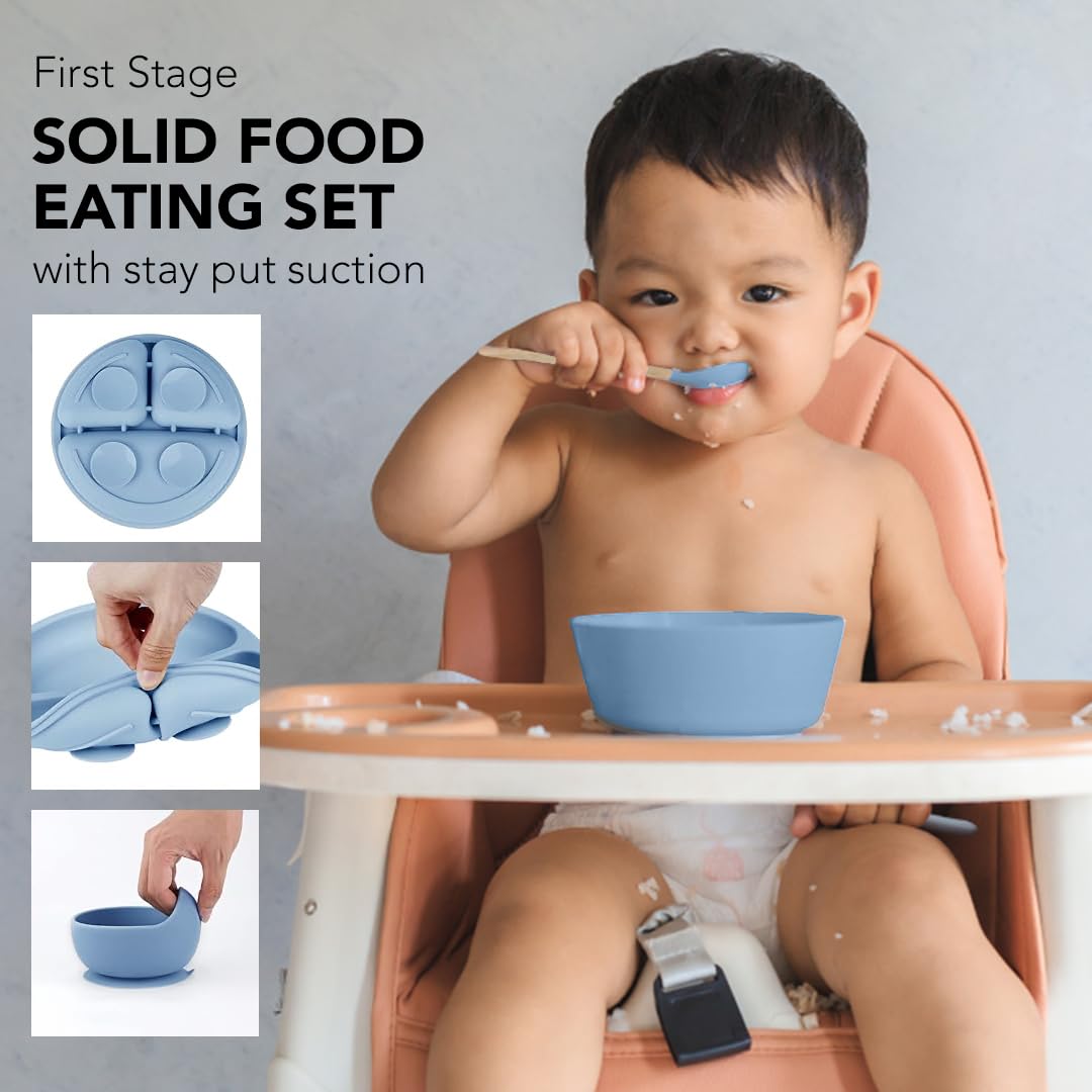 Silicone Baby Feeding Set Moon Gray Infant Tableware Collection with Bib Suction Bowl Utensils Straw Cup Snack Container