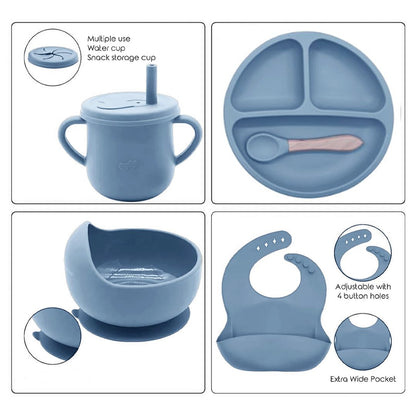 Silicone Baby Feeding Set Moon Gray Infant Tableware Collection with Bib Suction Bowl Utensils Straw Cup Snack Container