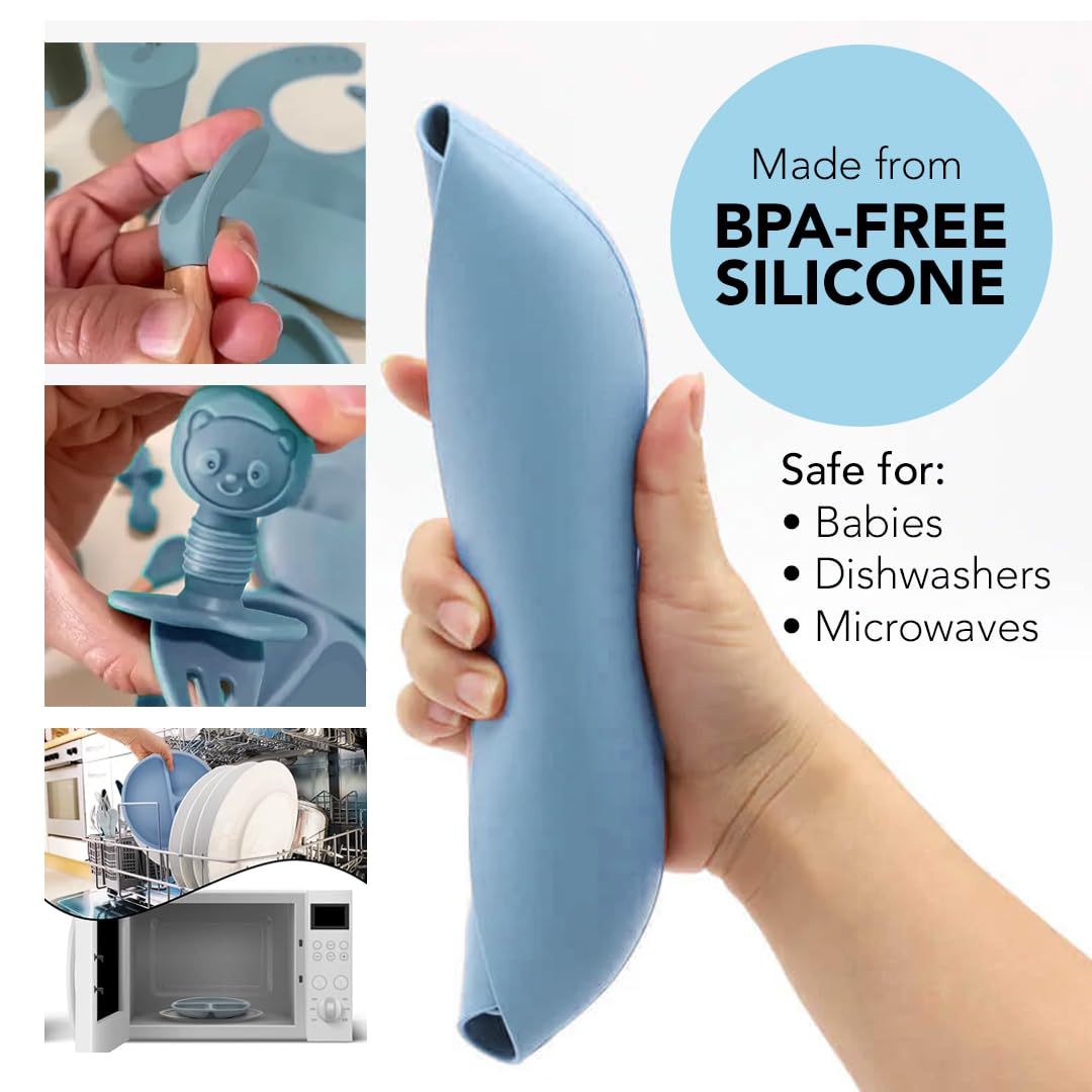 Silicone Baby Feeding Set Moon Gray Infant Tableware Collection with Bib Suction Bowl Utensils Straw Cup Snack Container