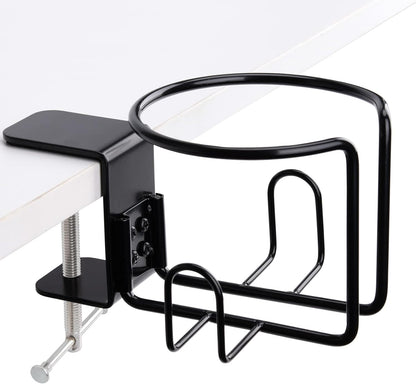 Large Desk Cup Holder, Clip On Table Cup Holder, Anti-Spill Drink Holder for Lawn Chair, Horizontal or Vertical Mount, Pack of 1, Black
