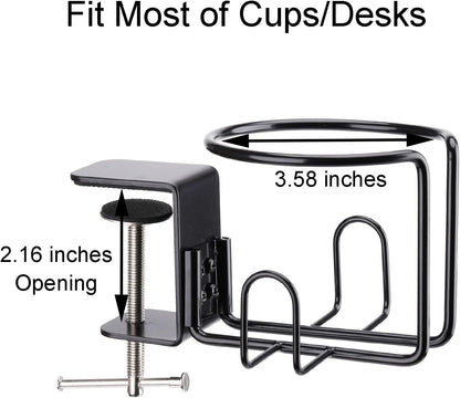 Large Desk Cup Holder, Clip On Table Cup Holder, Anti-Spill Drink Holder for Lawn Chair, Horizontal or Vertical Mount, Pack of 1, Black