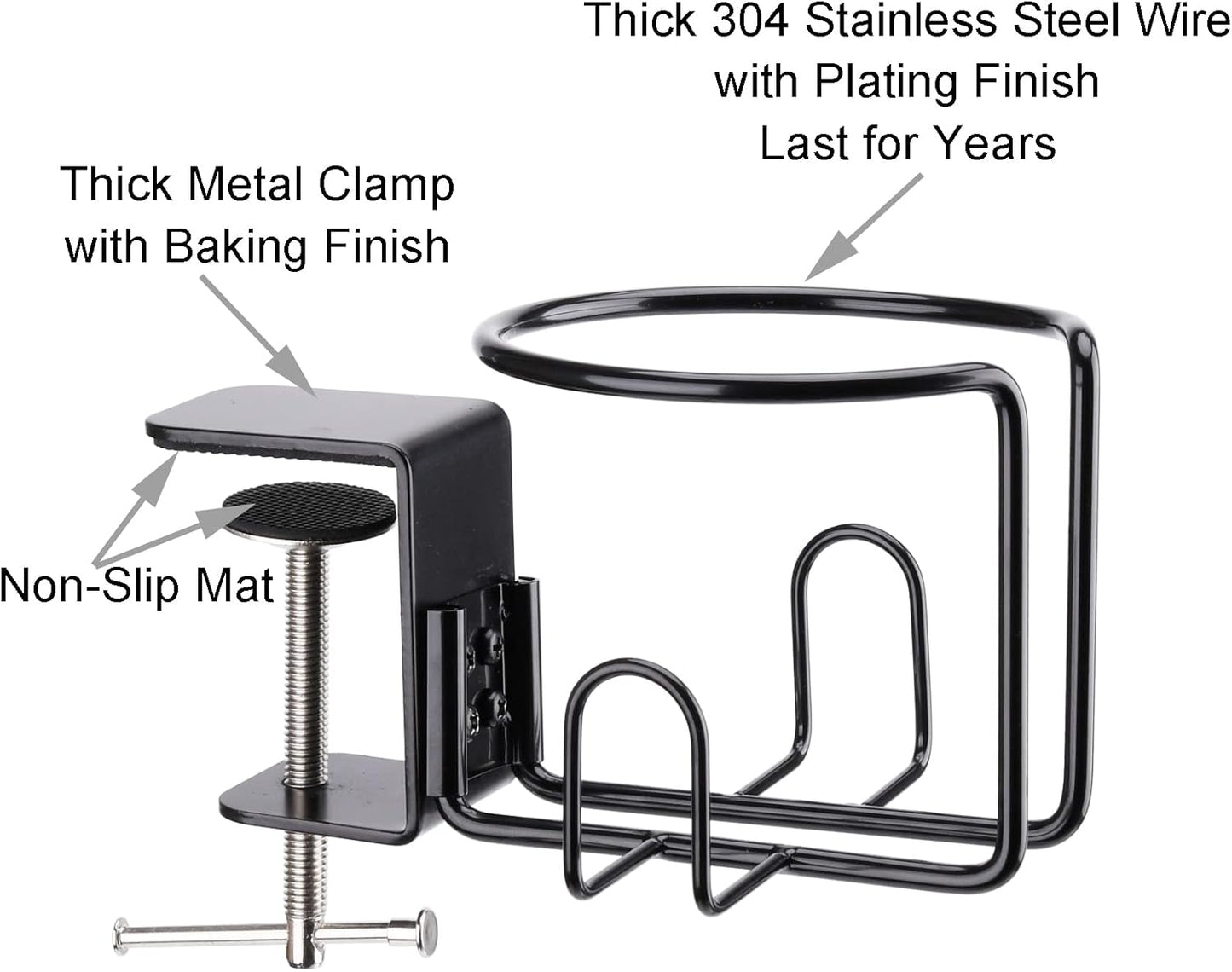 Large Desk Cup Holder, Clip On Table Cup Holder, Anti-Spill Drink Holder for Lawn Chair, Horizontal or Vertical Mount, Pack of 1, Black