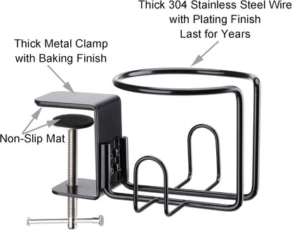 Large Desk Cup Holder, Clip On Table Cup Holder, Anti-Spill Drink Holder for Lawn Chair, Horizontal or Vertical Mount, Pack of 1, Black