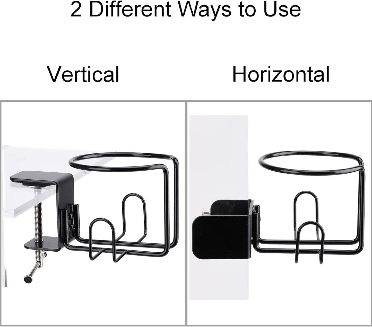 Large Desk Cup Holder, Clip On Table Cup Holder, Anti-Spill Drink Holder for Lawn Chair, Horizontal or Vertical Mount, Pack of 1, Black